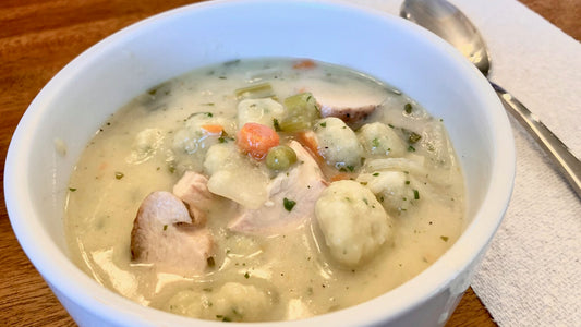 Bowl of bbq chicken Dumpling Soup