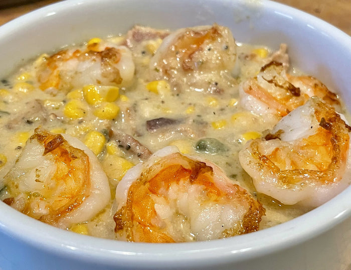 Roasted Poblano Corn Chowder with Shrimp